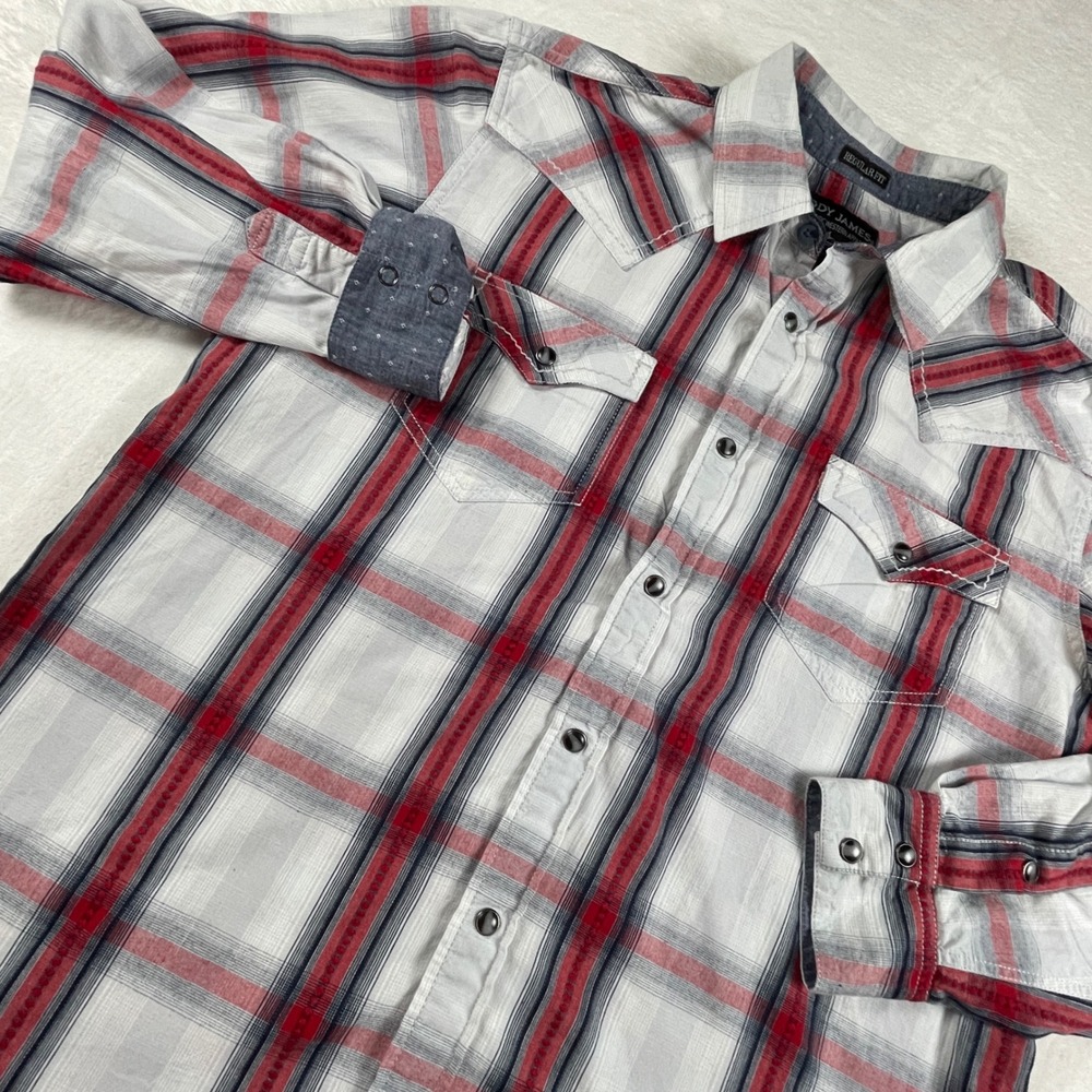 Cody James Mens Regular Fit Western Plaid Pearl Snap Shirt Red White Blue Medium